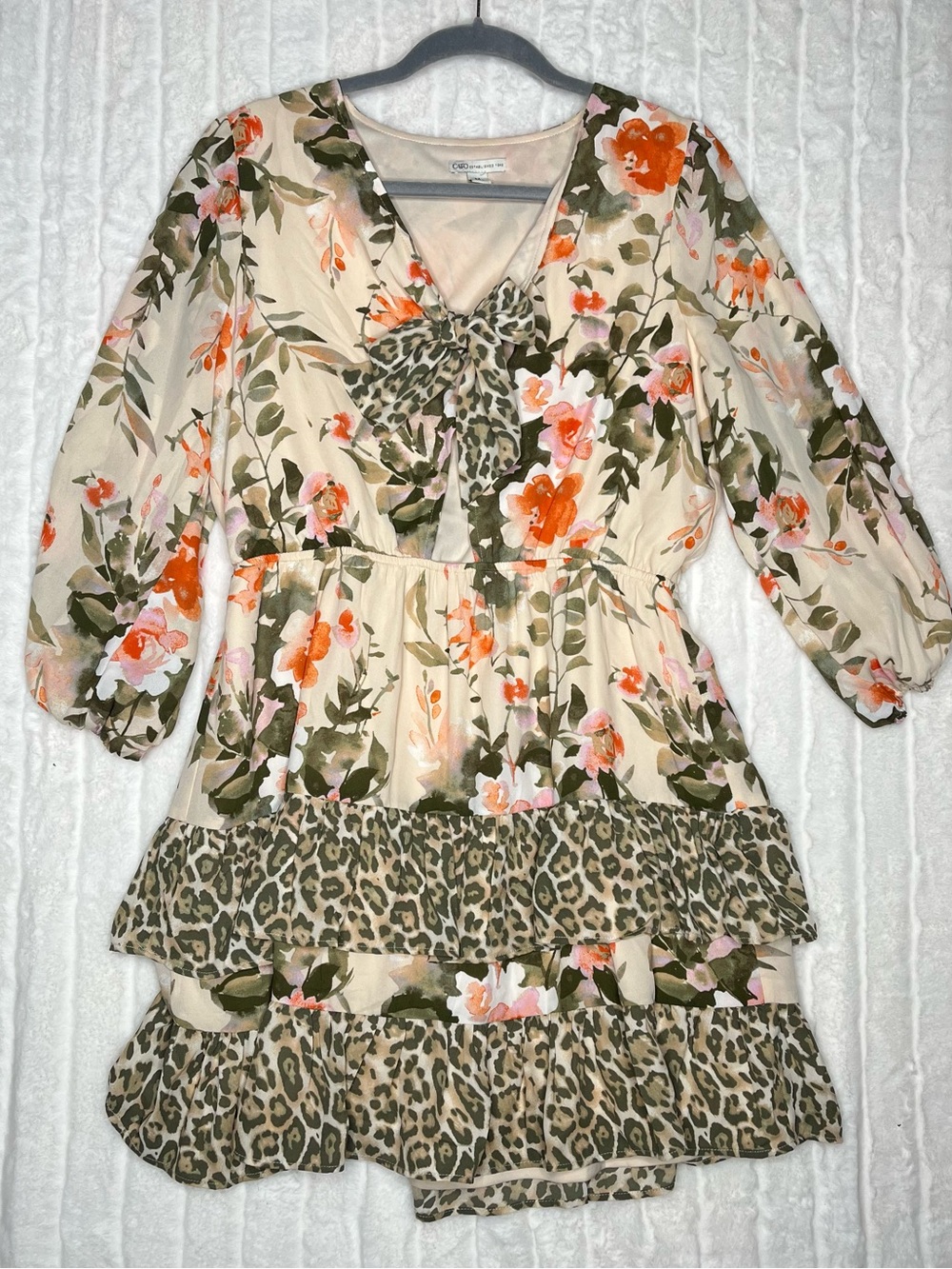 Mixed Print Floral Leopard Mini Dress Medium Tiered Ruffle Tie Front Boho